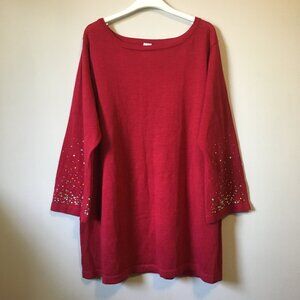 Candy Apple Red Ramie Knit and Rhinestone Studded Long Sleeve Pullover Sweater
